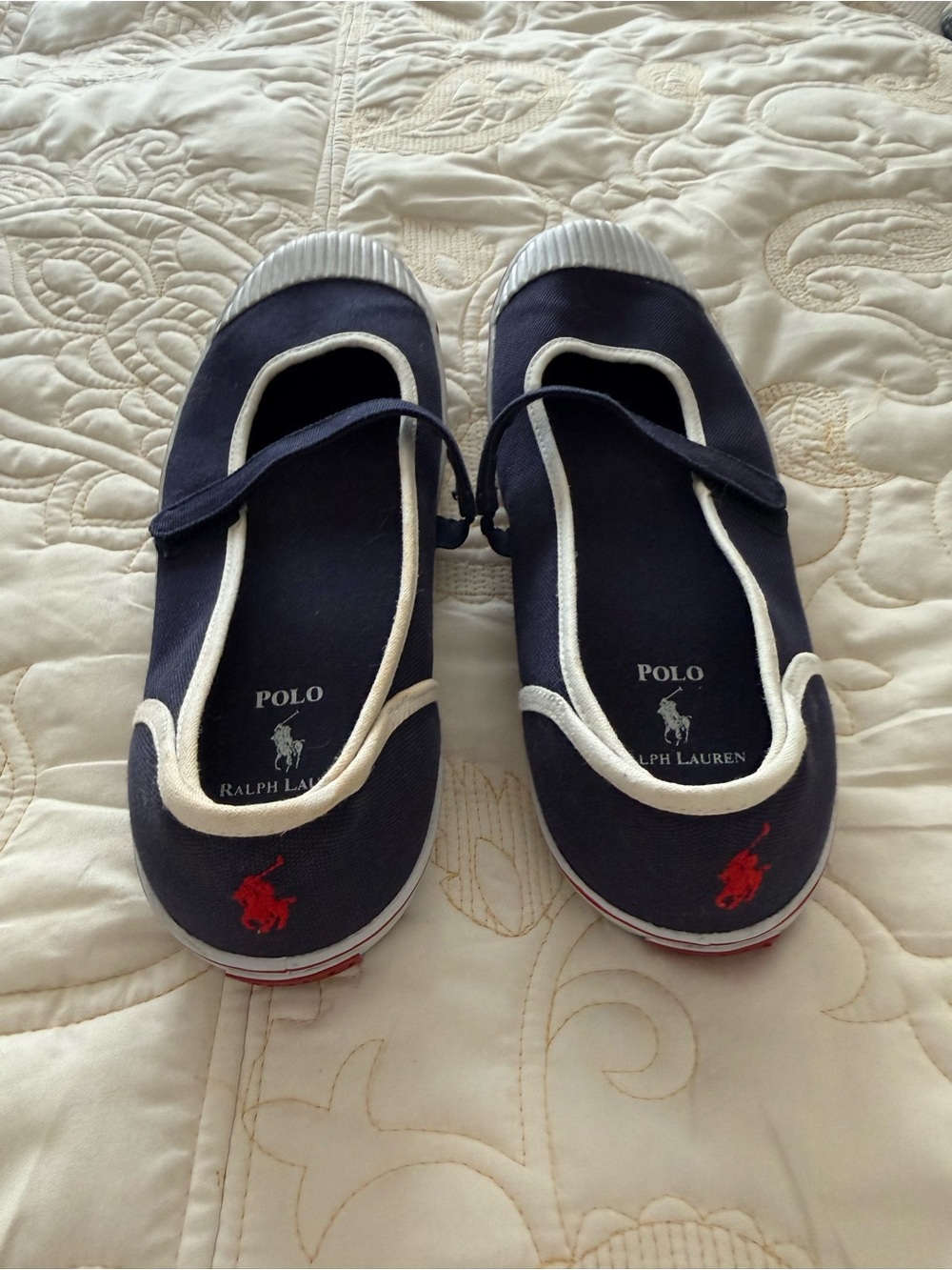 Polo by Ralph Lauren Women's Navy Mary Jane Canvas Shoes with Red Logo